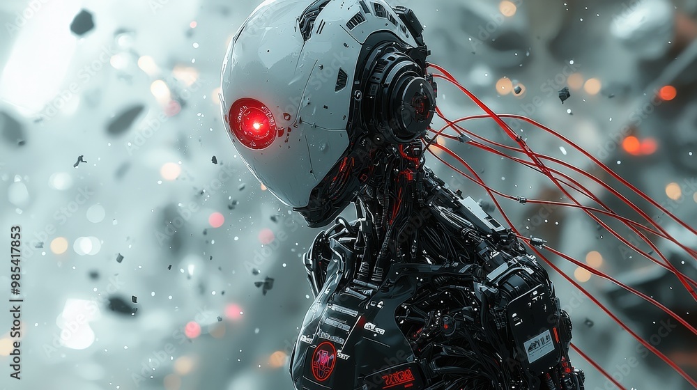Poster futuristic cyborg robot with red wires and bokeh background