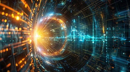 Futuristic abstract digital tunnel composed of lines, information, and code.