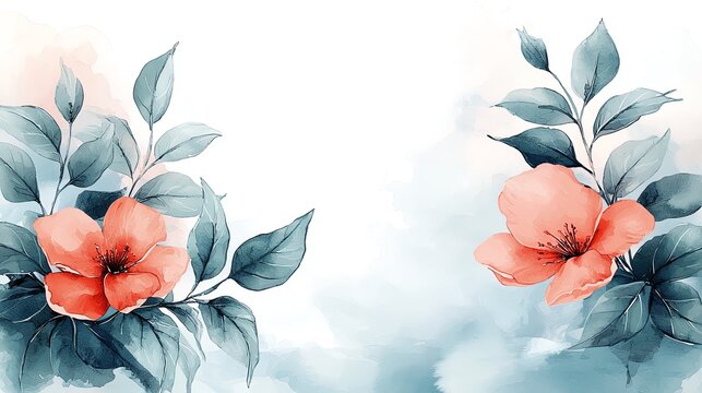 Watercolor floral illustration with red flowers and green leaves on a white background.