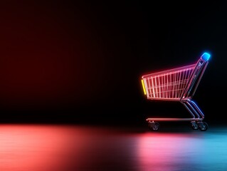 Neon shopping cart on dark background