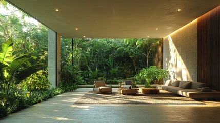 Fototapeta premium Modern Tropical Living Room with Large Windows and Lush Greenery