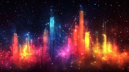 Abstract Cityscape with Neon Lights and Stars