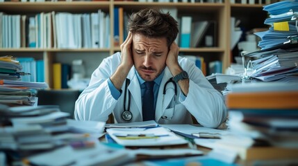 Overworked doctor at a cluttered desk filled with medical files, Duty Overdue Work, Healthcare Worker Stress