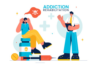 Addiction Rehabilitation Vector Illustration featuring an Inpatient Drug Rehab Center, Treatment Methods, and the Stabilization of Medical Conditions