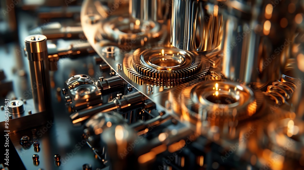 Poster close-up view of intricate machinery gears revealing intricate design and complex system.