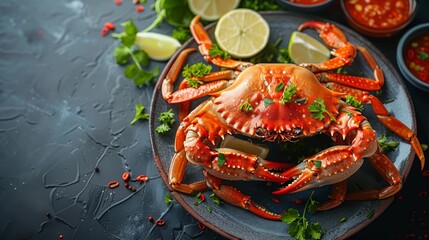 Steamed Crab,Boiled Serrated mud crab in a plate with seafood sauce.Top view 