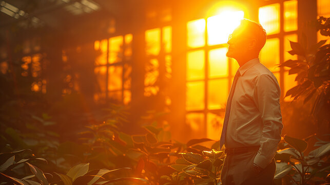 Angel investor with halo evaluating startup pitch, serene smile in soft morning light, entrepreneurial success concept