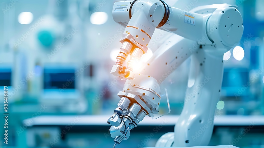 Poster white factory robot arm with many joints is reaching for an object in the background. the image was 