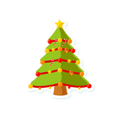 Cute cartoon Illustration christmas tree with colorful decorative lights, Bell, Cane, And Star, suitable for logo, sticker, icon, etc.