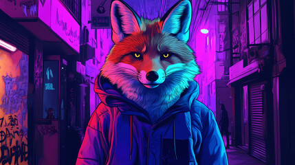 Anthropomorphic fox wearing urban streetwear sly expression neonlit city alleyway backdrop style merging animal and human aesthetics in vibrant colors. Streetwear. Illustration