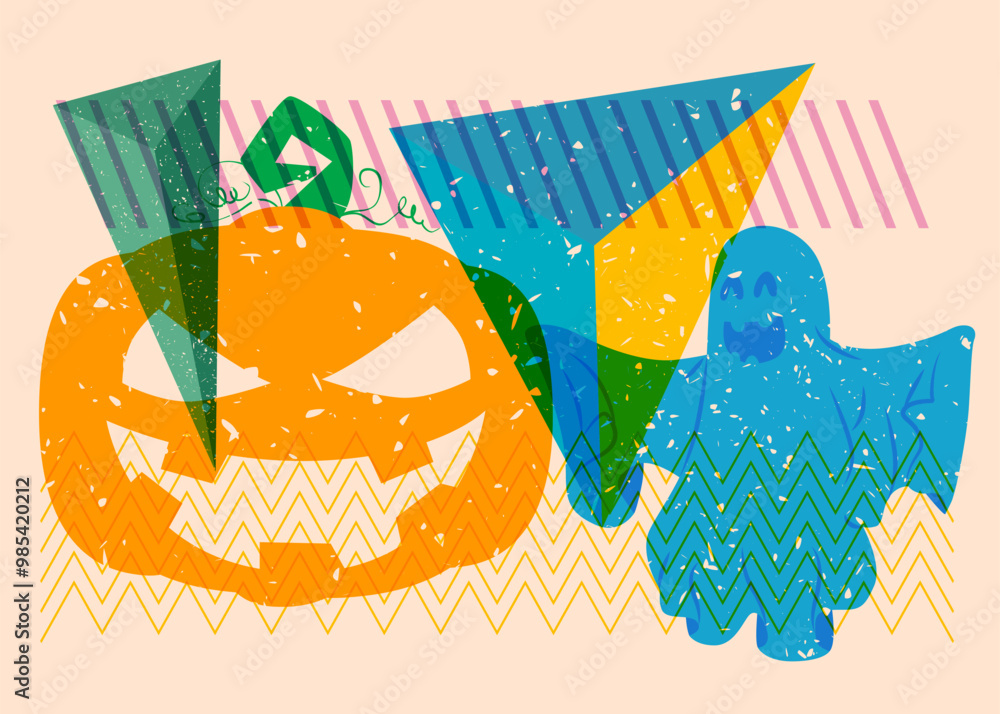 Poster risograph halloween pumpkin and ghost with geometric shapes. objects in trendy riso graph print text