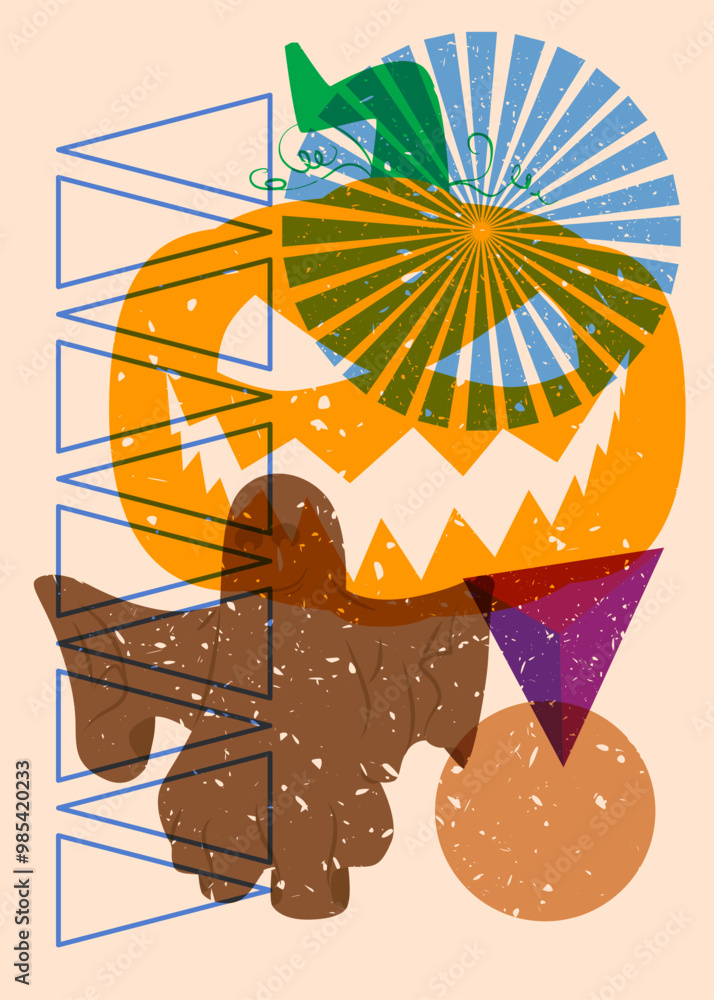 Poster risograph halloween pumpkin and ghost with geometric shapes. objects in trendy riso graph print text