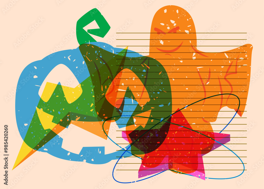 Poster risograph halloween pumpkin and ghost with geometric shapes. objects in trendy riso graph print text