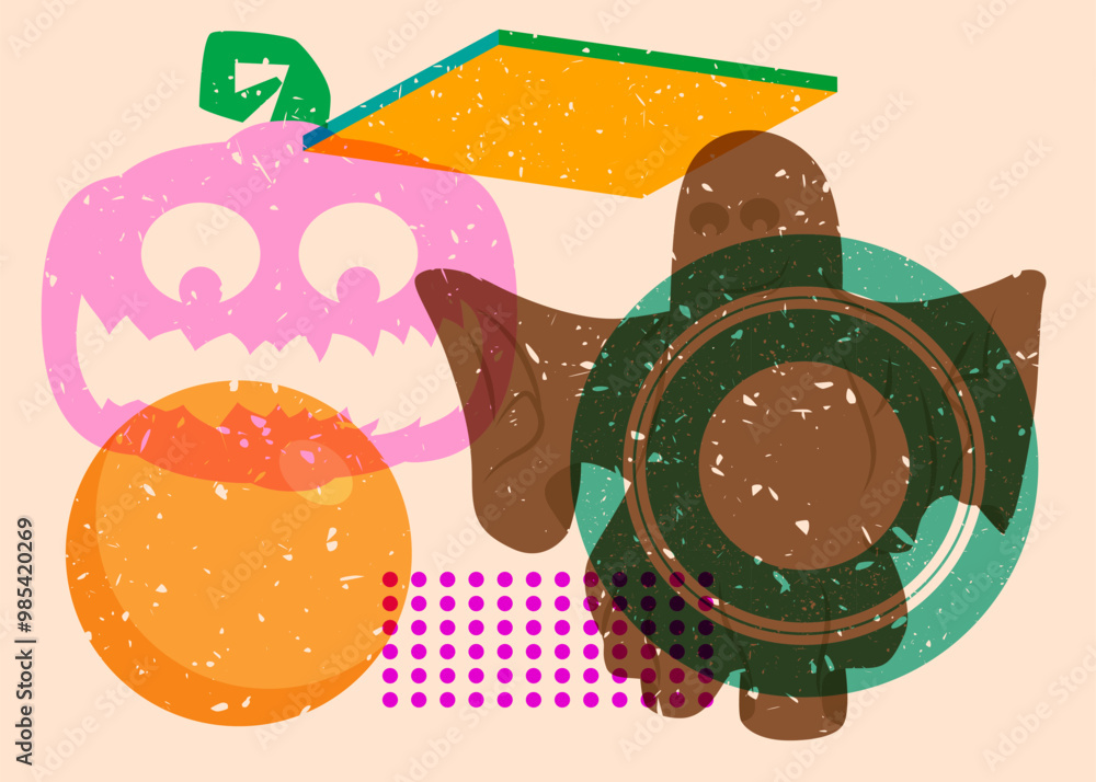 Poster risograph halloween pumpkin and ghost with geometric shapes. objects in trendy riso graph print text