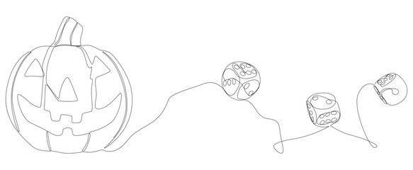 One continuous line of Halloween Jack O' Lantern pumpkin with dice. Thin Line Illustration vector concept. Contour Drawing Creative ideas.