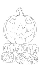 One continuous line of Halloween Jack O' Lantern pumpkin with dice. Thin Line Illustration vector concept. Contour Drawing Creative ideas.