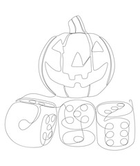 One continuous line of Halloween Jack O' Lantern pumpkin with dice. Thin Line Illustration vector concept. Contour Drawing Creative ideas.