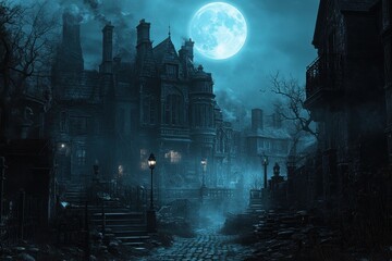 A dark, eerie cityscape with a large, glowing moon in the sky