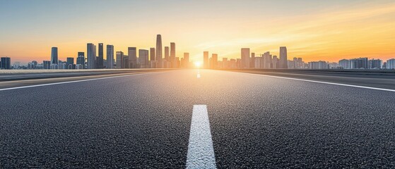 A scenic view of a road leading towards a vibrant city skyline at sunset, illuminating the urban landscape with warm colors.