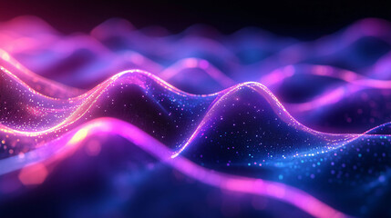  Abstract Digital Technology Background with Wavy Lines and Glowing Purple and Blue Light Gradient, Featuring Dark Tones and Smooth Transitions.
