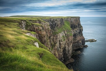 Mountain cliff with green grass and rocky terrain, overlooking blue ocean and sea. Scenic coastal landscape with high peak and bay. Waves crash against shore, surrounded by cloud and sky.