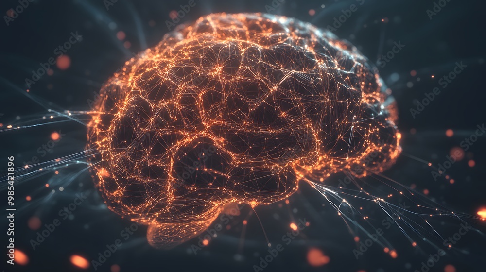 Poster a digital representation of a human brain with glowing neural pathways
