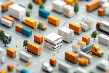 Obraz premium Aerial view of a logistics hub featuring trucks and containers in an organized layout, showcasing modern transportation methods.