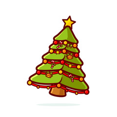 Cute cartoon vector christmas tree with colorful decorative lights, Bell, Cane, And Star, suitable for logo, sticker, icon, etc.