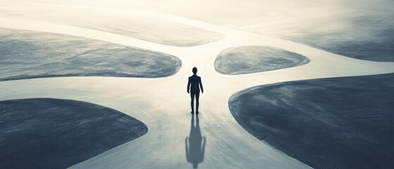 A solitary figure stands at a crossroad, contemplating various paths in a misty landscape, symbolizing choices and life decisions.
