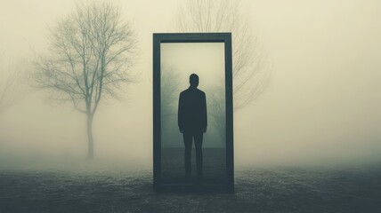 A mysterious figure stands in a foggy landscape framed by a door, evoking themes of isolation and the unknown.