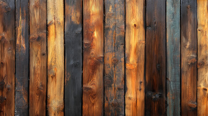 A rustic wooden wall of vertical planks, showcasing rich, natural tones from deep charred black to warm golden browns, full of texture and grain.