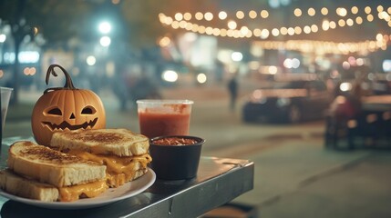 A spooky Halloween food truck serving eerie grilled cheese sandwiches with pumpkin-shaped bread and blood-red tomato soup