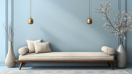 Modern Minimalist Interiors with Blue and Gold Accents