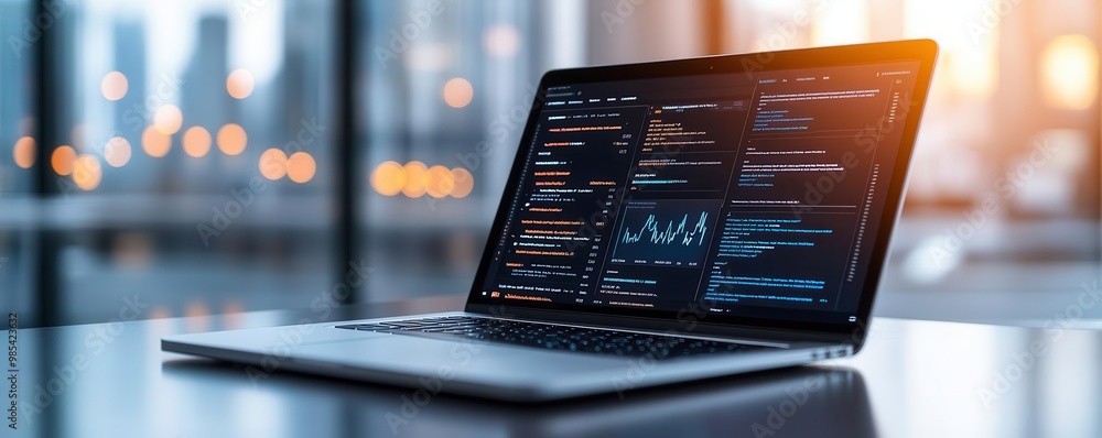 Poster a sleek laptop displaying vibrant coding and data analytics, ideal for tech enthusiasts and digital 