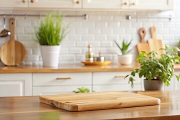 Bright kitchen with potted herbs and wooden countertops.