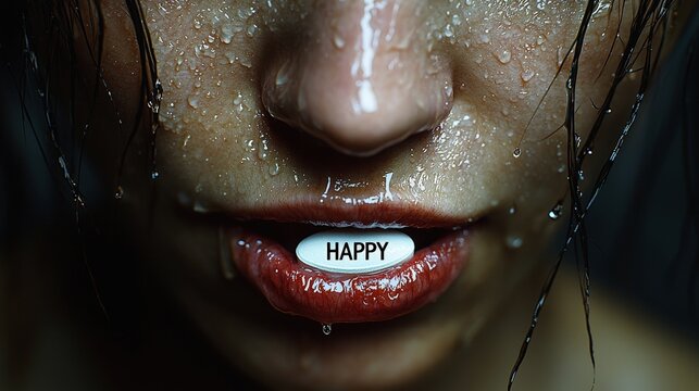 Woman holding pill with HAPPY written on it