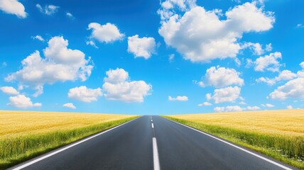 Fototapeta premium A serene road stretches into the horizon under a blue sky filled with soft clouds, flanked by golden fields, creating a peaceful landscape.