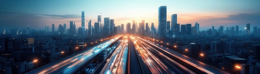 Fototapeta premium A stunning urban skyline at sunset, showcasing tall buildings, a vibrant city atmosphere, and dynamic light trails on the expressway.