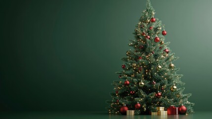 A classic evergreen Christmas tree adorned with traditional red and gold ornaments, set against a solid green background, evoking a timeless holiday spirit.