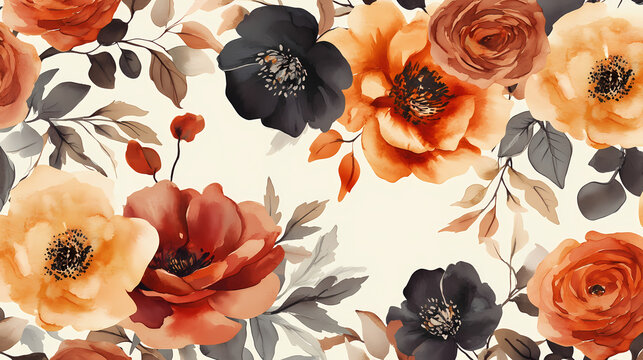 Beautiful floral seamless pattern with hand drawn watercolor autumn fall colors flowers. stock floral illustration. Floral Pattern. Illustration