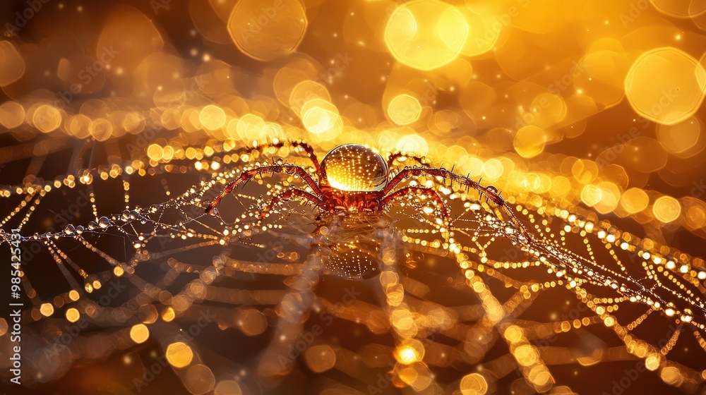 Poster golden spider web with dew drops and bokeh