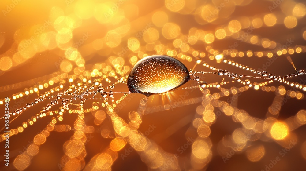 Poster dew drops on spiderweb with golden bokeh