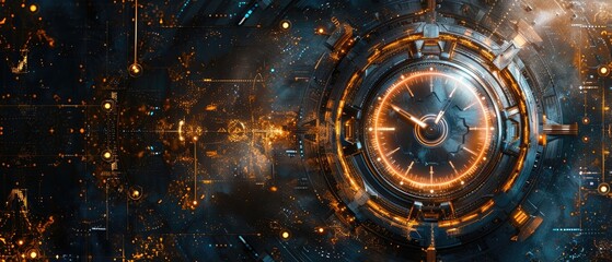 A clock face glows with orange light against a cosmic backdrop.