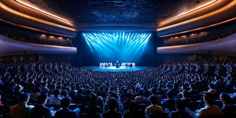 A high-profile business conference in Beijing, with keynote speakers addressing a global audience in a futuristic auditorium