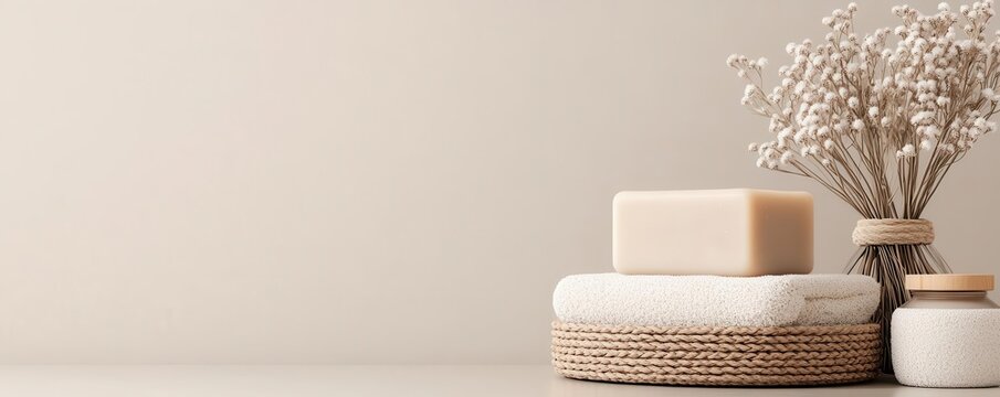 Ecofriendly organic soap packaging, photorealistic 3D illustration, soft lighting, natural textures, sustainable materials, minimalist design, detailed rendering