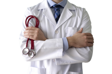 Healthcare worker in a white coat with a stethoscope