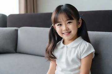 Happy Young Japanese Girl in Living Room