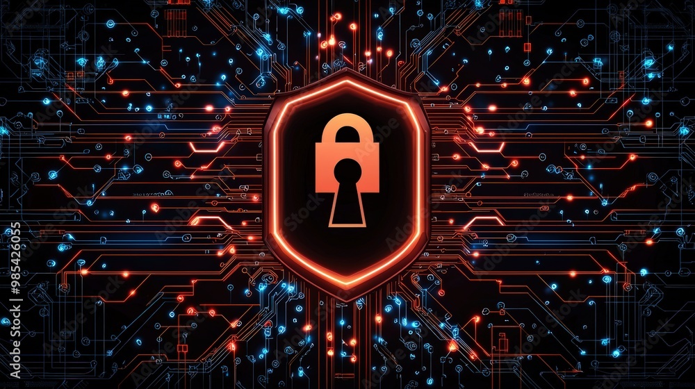 Poster cyber security concept with glowing padlock on circuit board background