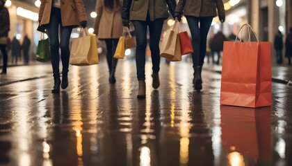 A group of shopping bags on a wet city street at night, with blurred lights and people in the background.