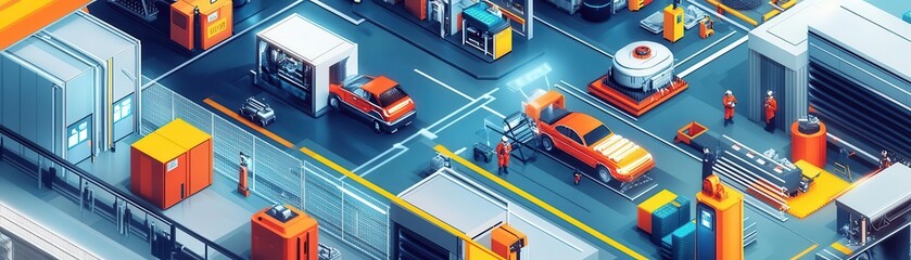 A vibrant aerial view of a modern warehouse with vehicles, containers, and workers, showcasing urban logistics and industry.